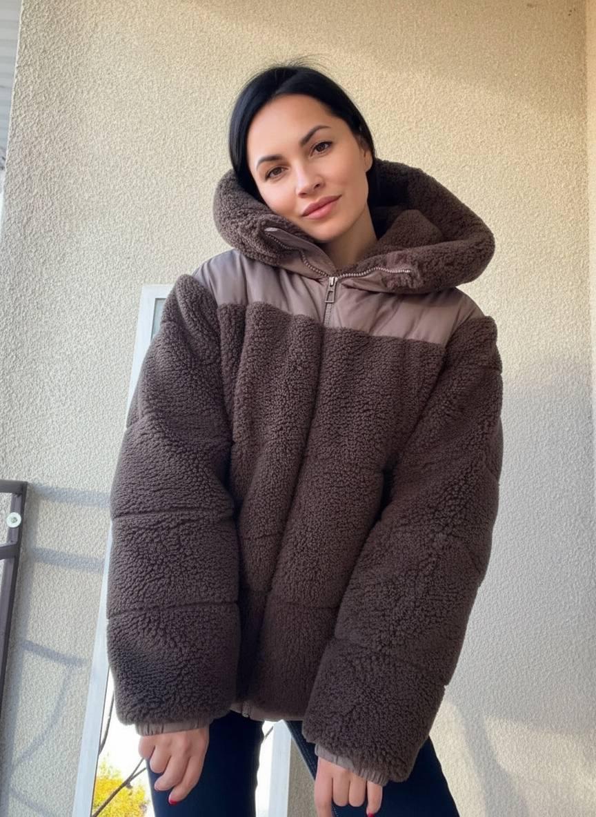 Куртка женская Lady Yep 9055 тедди комбинированная искусственный мех оверсайз с капюшоном р. 44-48 Коричневый (3055)