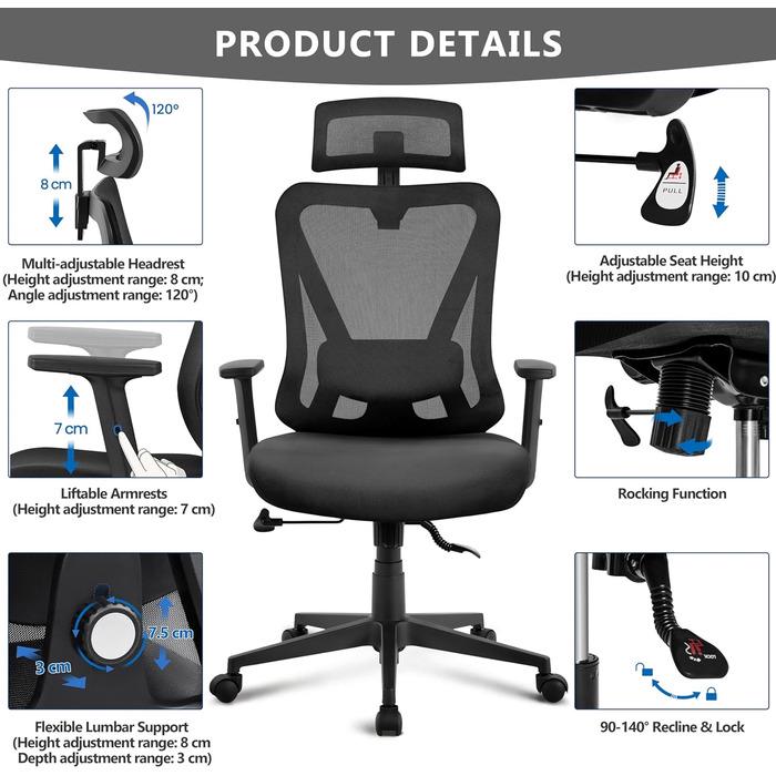 Офисное кресло Yaheetech с регулируемым подголовником и подлокотниками Черный (1652279) - фото 5