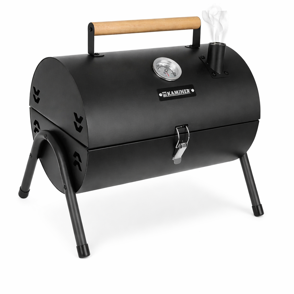 Гриль туристический угольный Kaminer 27322 компактный BBQ с крышкой/2 решетками и термометром для пикника и дачи (27322)