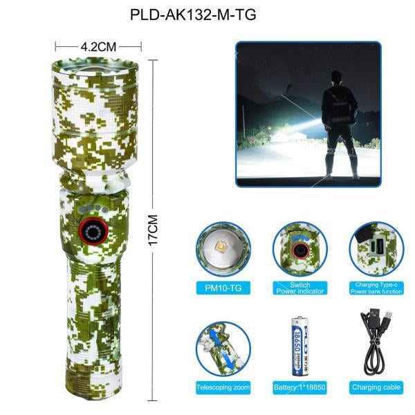 Фонарь PLD-AK132M LED PM10-TG 1х18650 Powerbank индикация заряда ЗУ Type-C Zoom Laser White Camouflage (2245499860) - фото 2 Фонарь PLD-AK132M LED PM10-TG 1х18650 Powerbank индикация заряда ЗУ Type-C Zoom Laser White Camouflage (2245499860) - фото 2