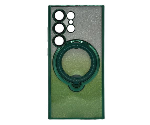 Силиконовый чехол накладка Glitter Case для Samsung Galaxy S24 Ultra с металлическим кольцом держателем и защитой для камеры Зелёный