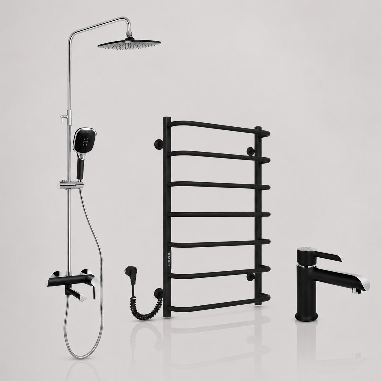 Комплект для ванної Qtap Grand Chrome/Black + Sunny Black/душова система 3в1 з виливом/змішувач для раковини/електрична рушникосушарка