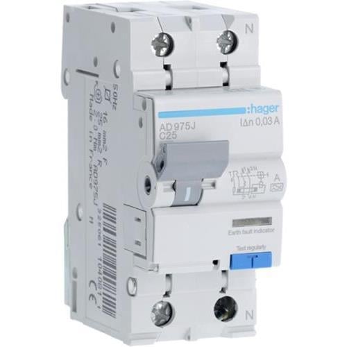 Дифавтомат Hager 25A 30mA 6kA 2 полюса тип C тип A AD975J (00574)