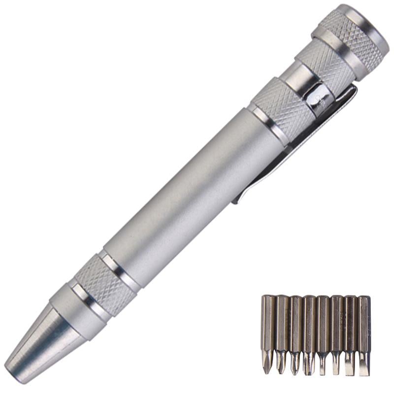 Отвертка и 8 бит в виде ручки прецизионная карманная алюминиевая Silver