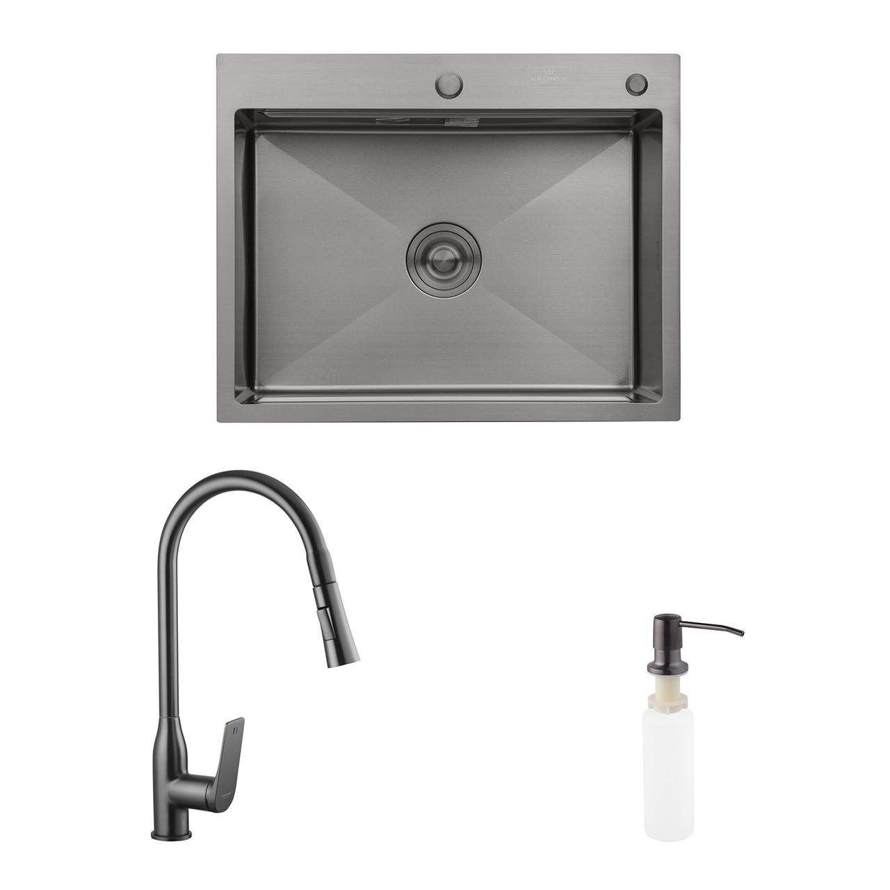 Комплект кухонная мойка Kroner Schwarze-6350HM PVD/смеситель Graz-GRP030/дозатор Spender-026 (2669564662)