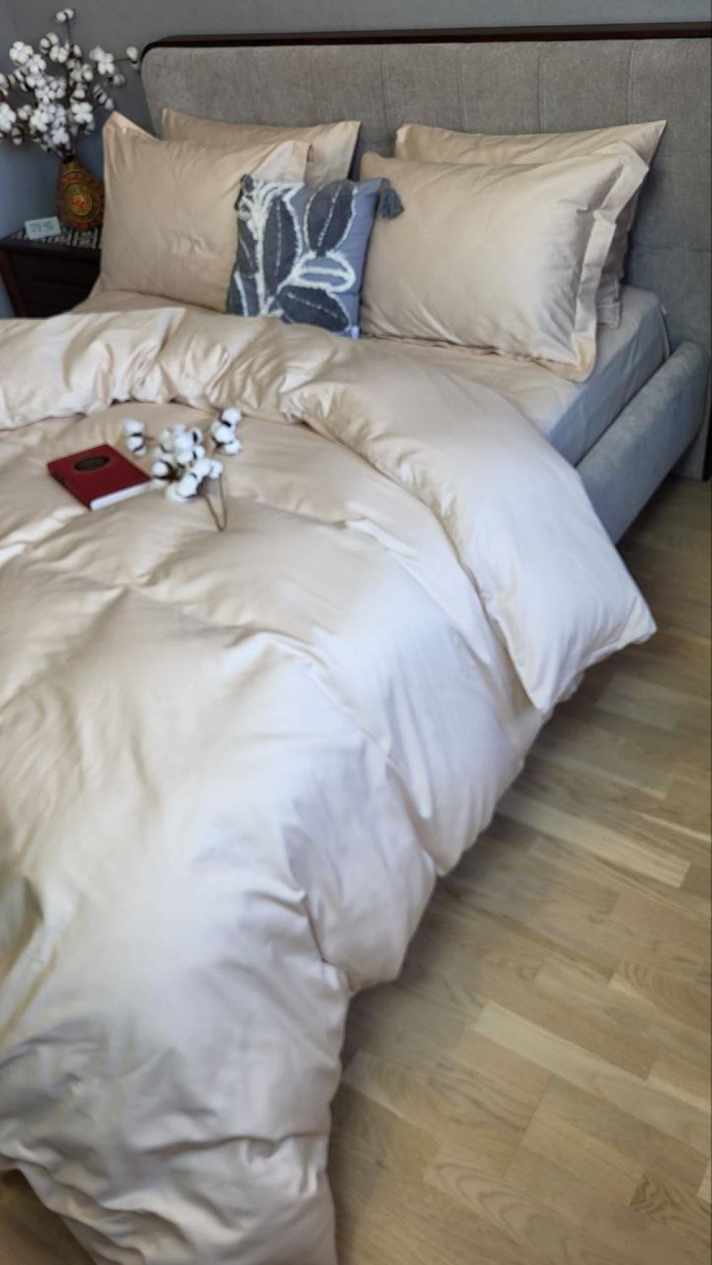 Комплект постельного белья на резинке Моно №0060 сатин Premium евро/наволочки 50х70/70х70 см Beige (5534) - фото 6