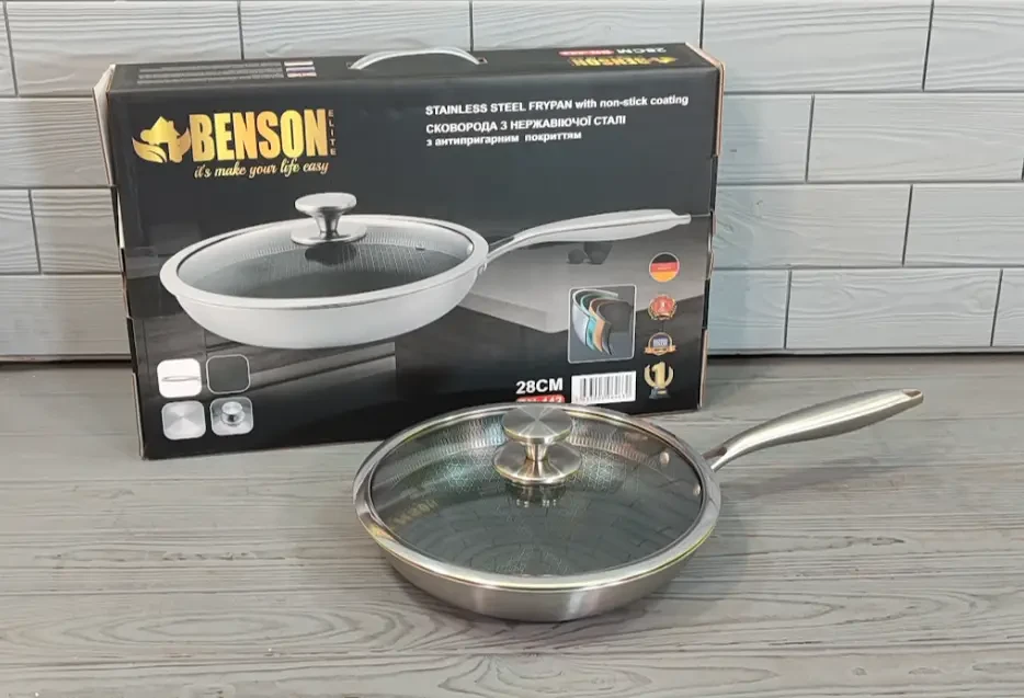 Сковорода с крышкой Benson из нержавеющей стали 28 см с антипригарным покрытием (BN-442)