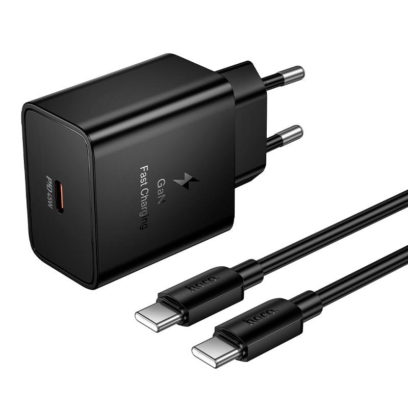 Зарядное устройство сетевой Hoco N77 GaN 45 Вт с портом Type-C быстрая зарядка QC/PD и кабель USB-C Черный (24424)