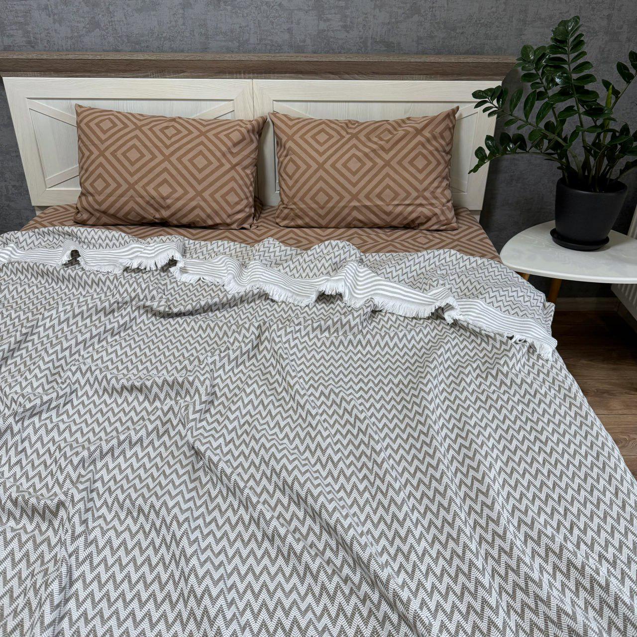 Покрывало-плед Зигзаг хлопковое евро 200х230 см Оливковый (19142074) - фото 2