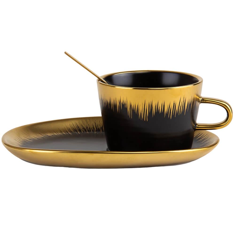 Чашка керамическая с блюдцем Light House Sparkle BK+GD 150 мл Золотисто-черный (18902-025)