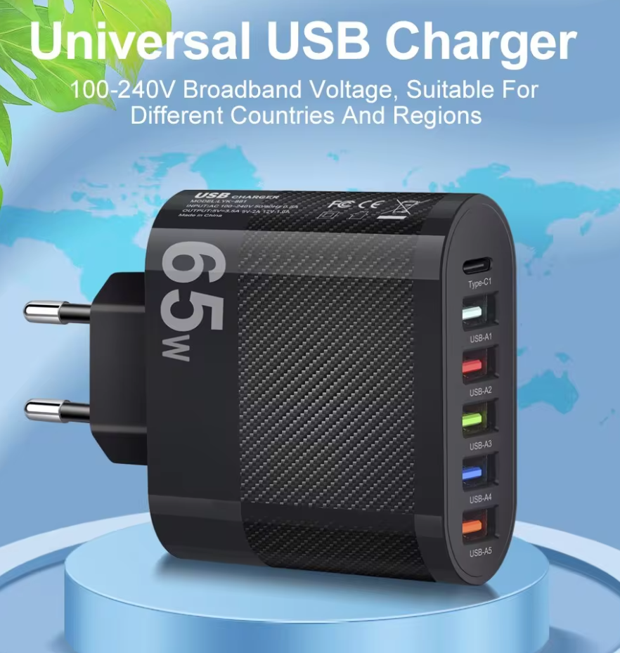 Зарядное устройство для телефонов Quick Charge 3.0 USB/Type-C PD 65W 5+1 (ЗУ51) - фото 2