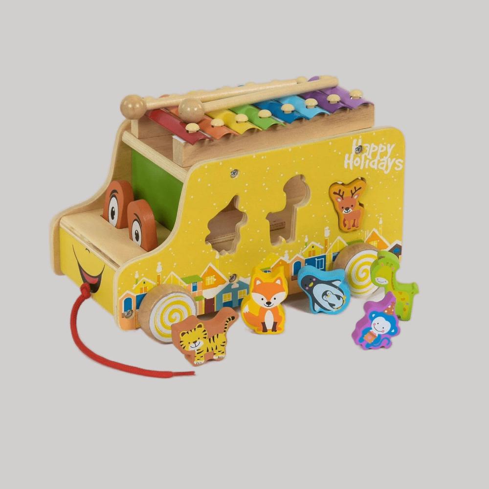 Машинка-сортер с ксилофоном Xylophon Trolley деревянная Multicolor (81513)