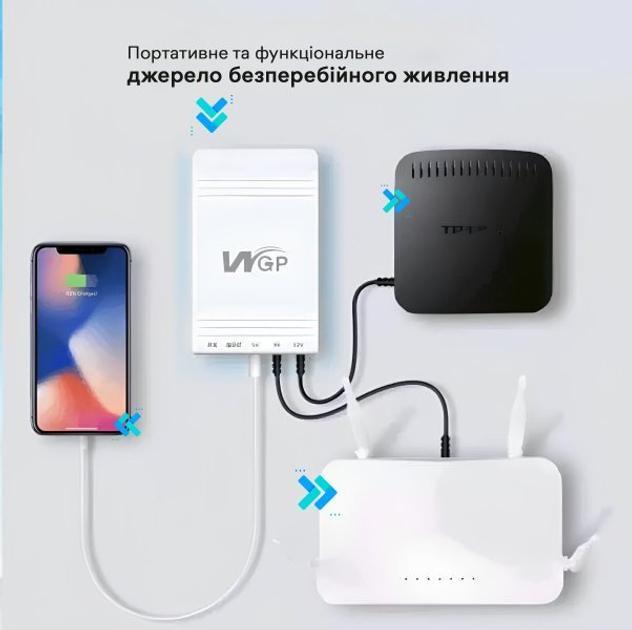 Повербанк для роутера UPS WGP103 DC 5V/9V/12V з кабелями та перехідниками 10400 mAh Білий (UPS450) - фото 4