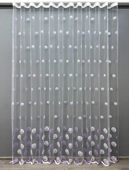 Тюль фатин з вишитим візерунком Смайлики Білий/Бузковий (1573т)