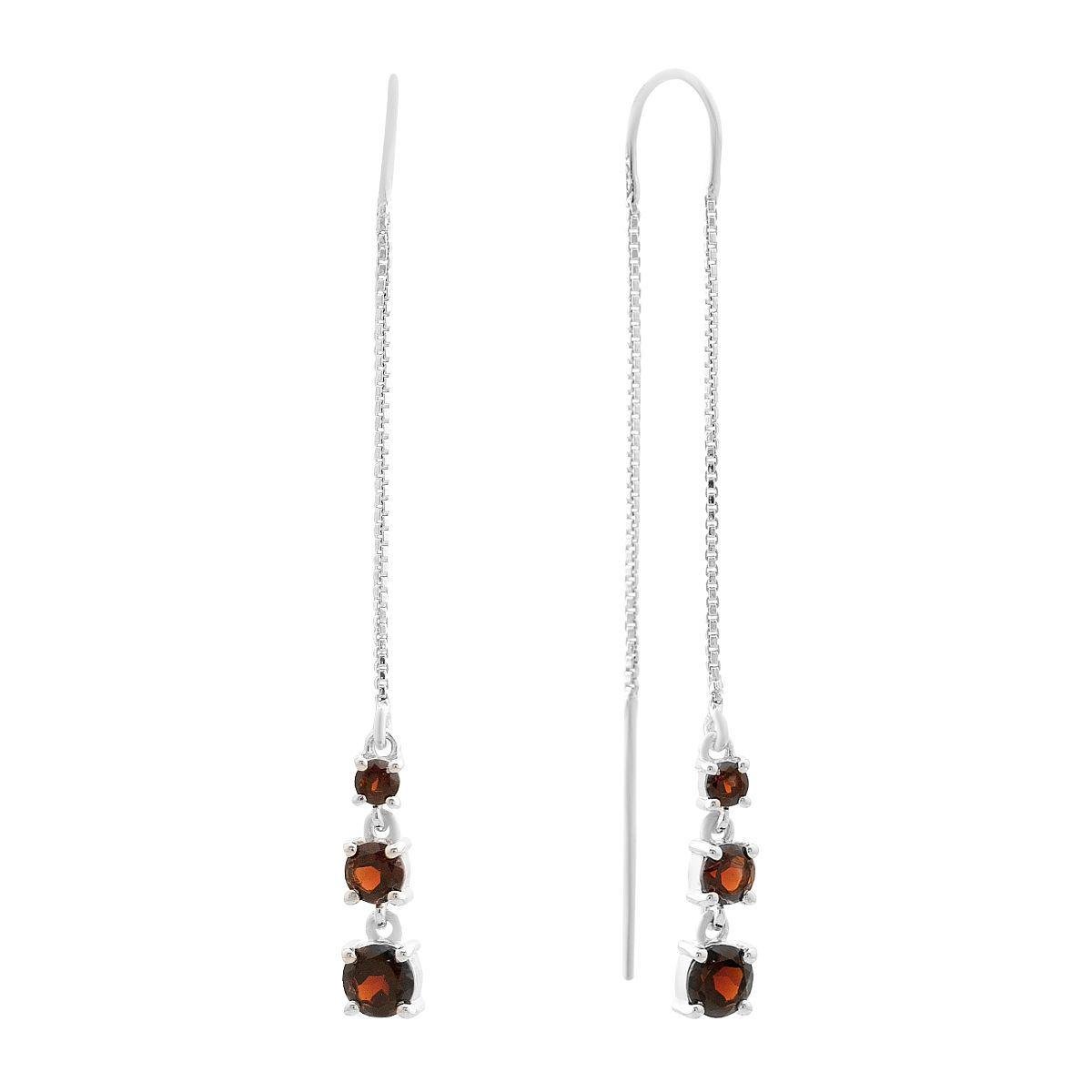 Серебряные серьги-протяжки с тремя гранатами Глубокий красный