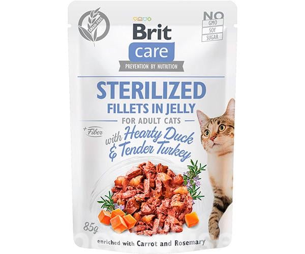 Корм вологий Brit Care Cat Fillets In Jelly з качкою та індичкою в желе для стерилізованих котів 85 г (46547)