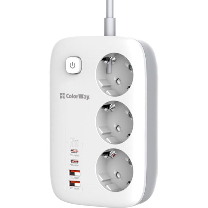 Сетевой фильтр ColorWay CW-CHE34PDW GaN3 Pro PD 65W 3 розетки 2 USB-A 2 USB-C 2 м White (26075395) - фото 3 Сетевой фильтр ColorWay CW-CHE34PDW GaN3 Pro PD 65W 3 розетки 2 USB-A 2 USB-C 2 м White (26075395) - фото 3
