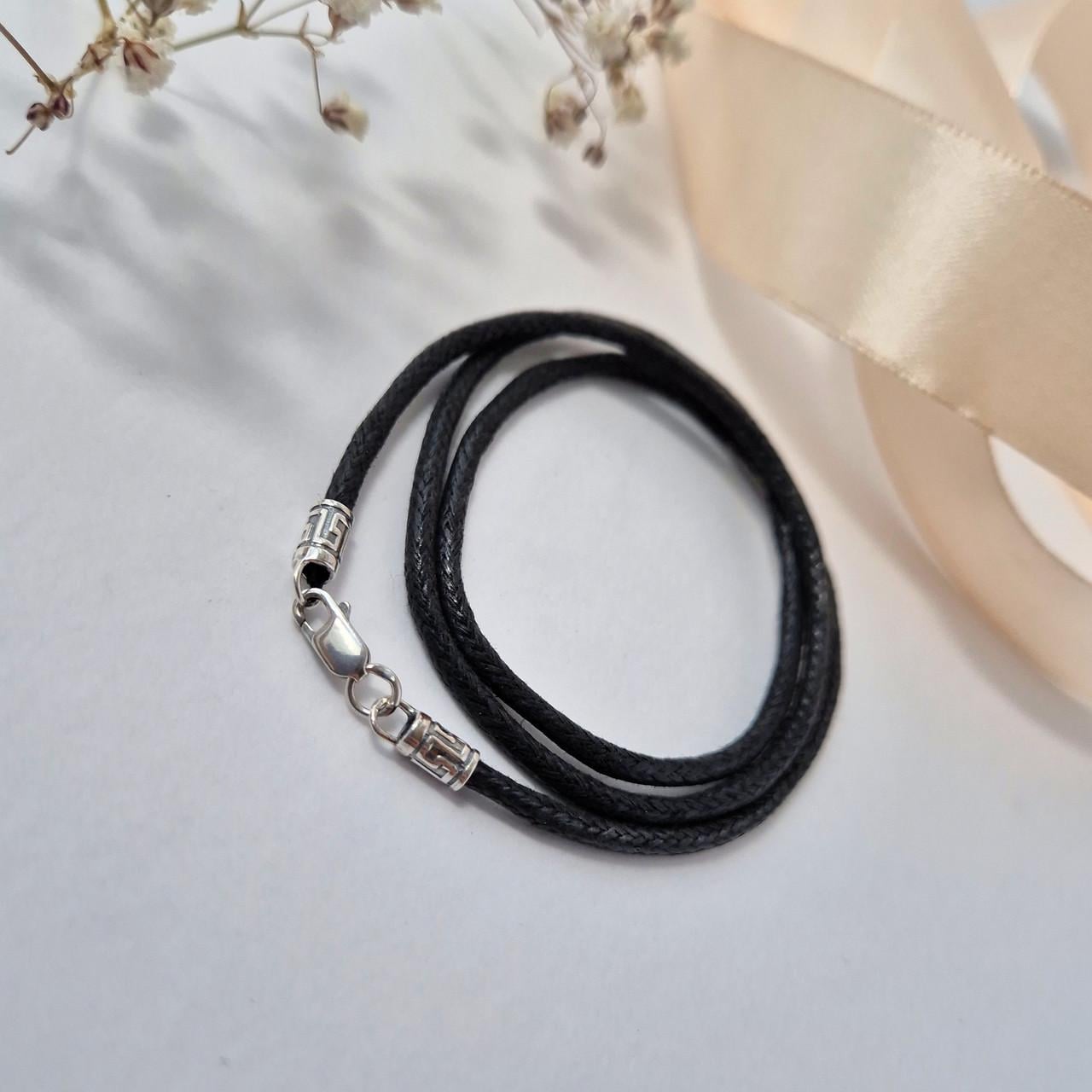 Шнурок на шею застежка серебро 925 пробы вощеная нить меандр толщина 2,5 мм 65 см Черный (1445/1ч)