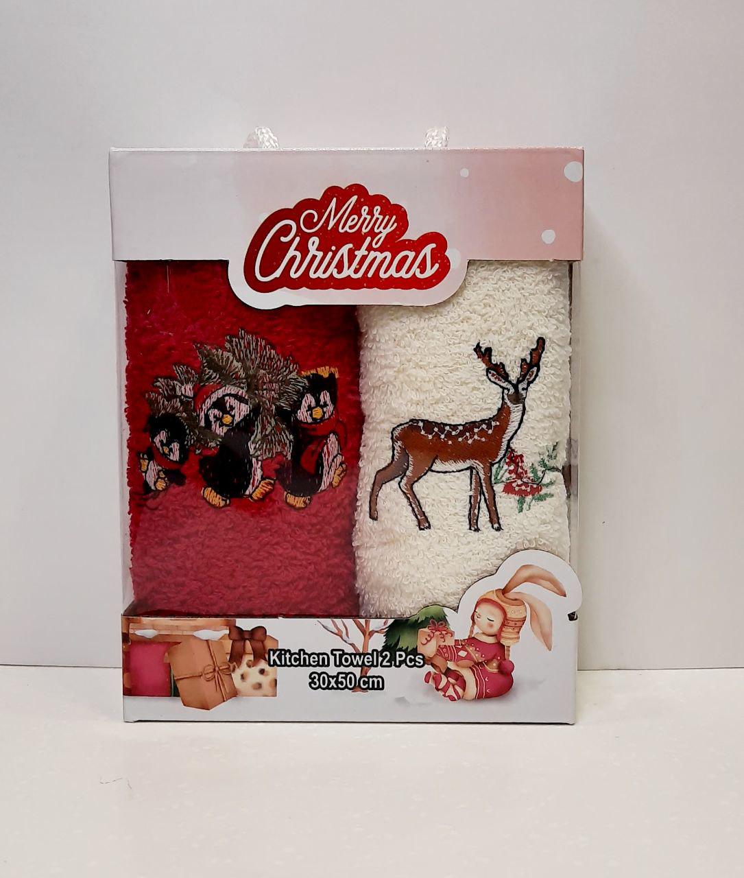 Салфетки для кухни Новогодние Олени и пингвины 30х50 см 2 шт. Красный/Молочный (1412)