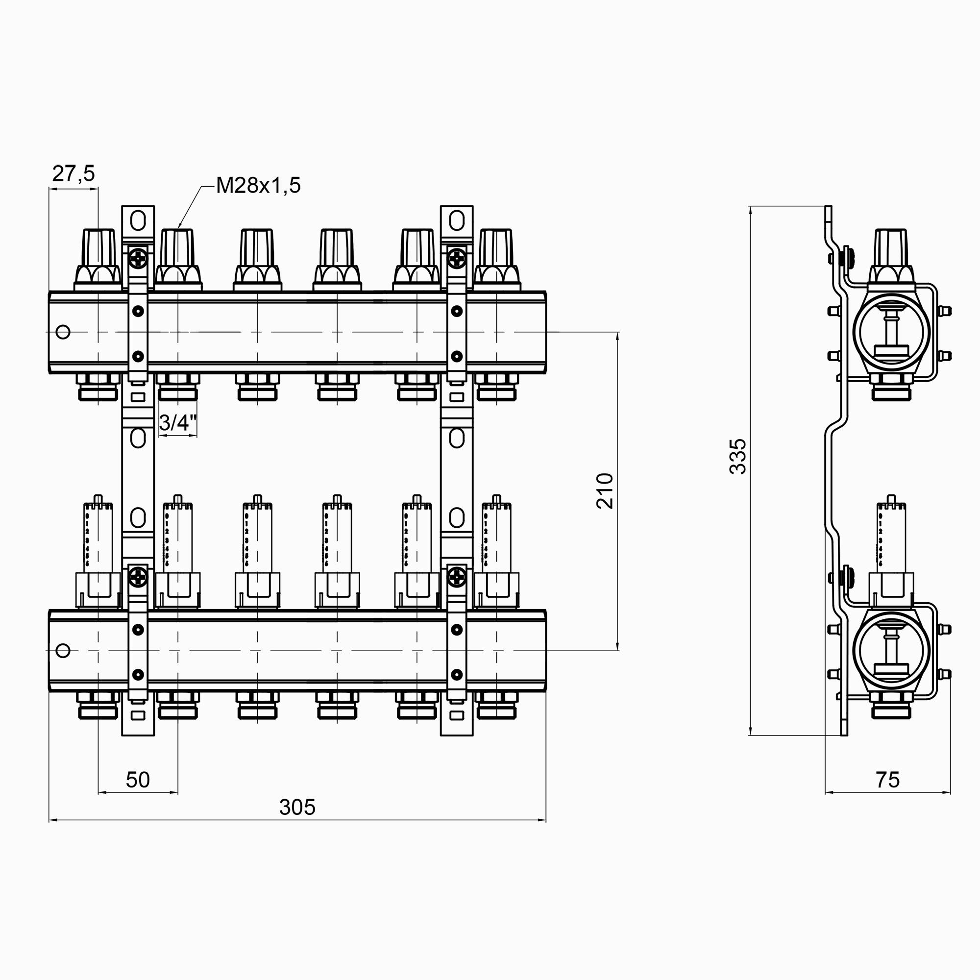 Коллектор для теплого пола ICMA 87K013PK06 6 контуров с расходомерами 1"/3/4" (78713) - фото 2