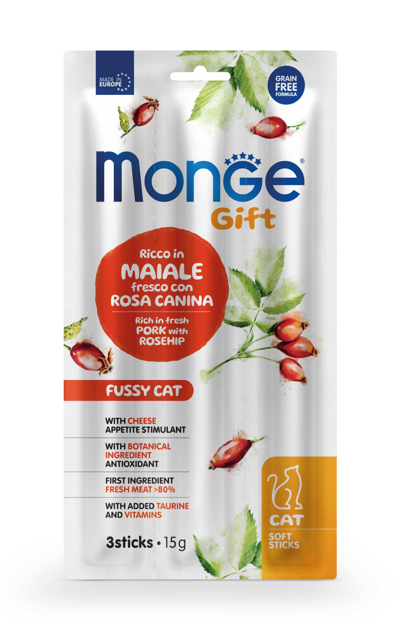 Ласощі для котів Monge Gift Fussy свинина з шипшиною та сиром 15 г (70085250)