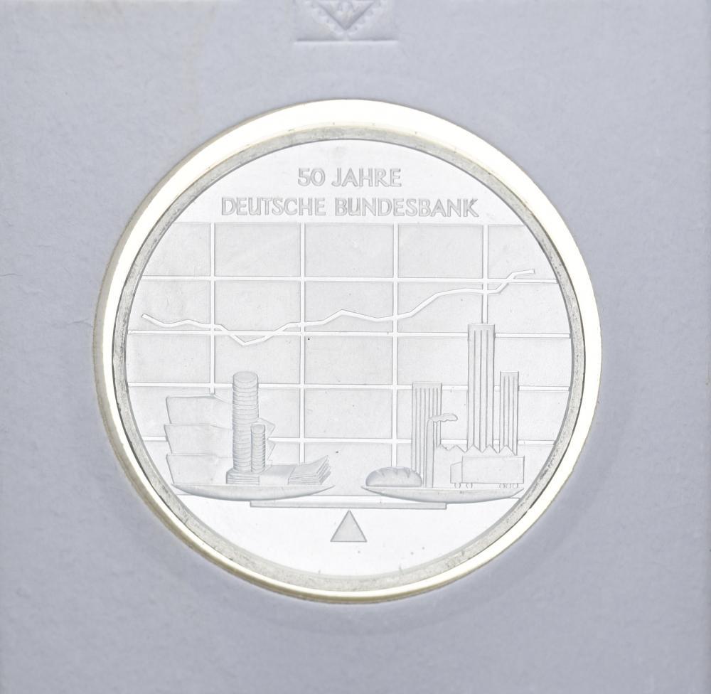 Коллекционная монета Германия 10 евро 2007 50 лет Немецкому Федеральному банку Серебро UNC (М10905)