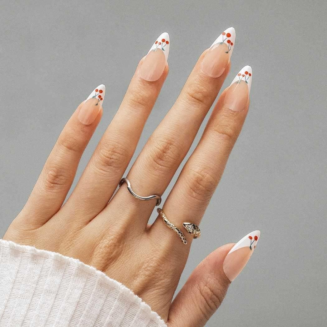 Накладні нігті френч Вишеньки мигдаль середньої довжини з клейовими пластинами 24 шт. Білий з червоним (2789190719) - фото 3 Накладні нігті френч Вишеньки мигдаль середньої довжини з клейовими пластинами 24 шт. Білий з червоним (2789190719) - фото 3