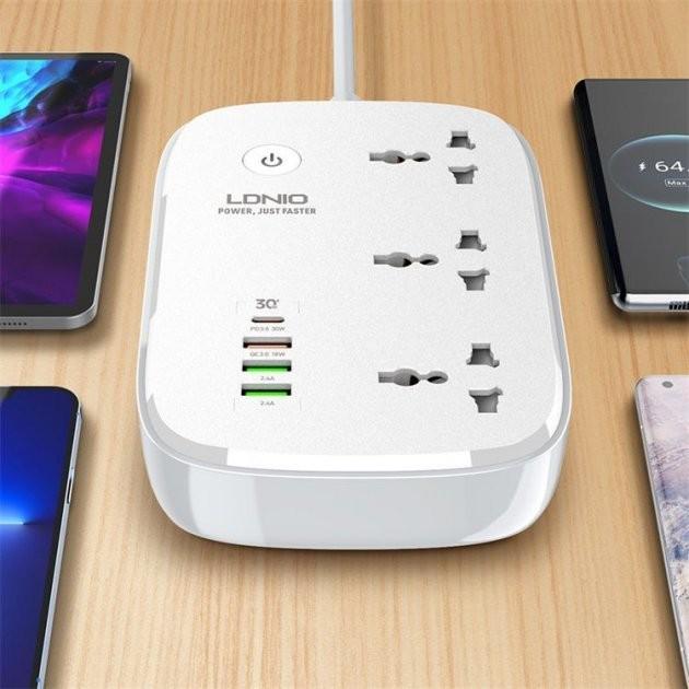 Удлинитель сетевой LDNIO SCW3451 WiFi управление 3USB/1Type-C QC/PD 3A 30W 3 розетки 2500 W 2 м White - фото 4