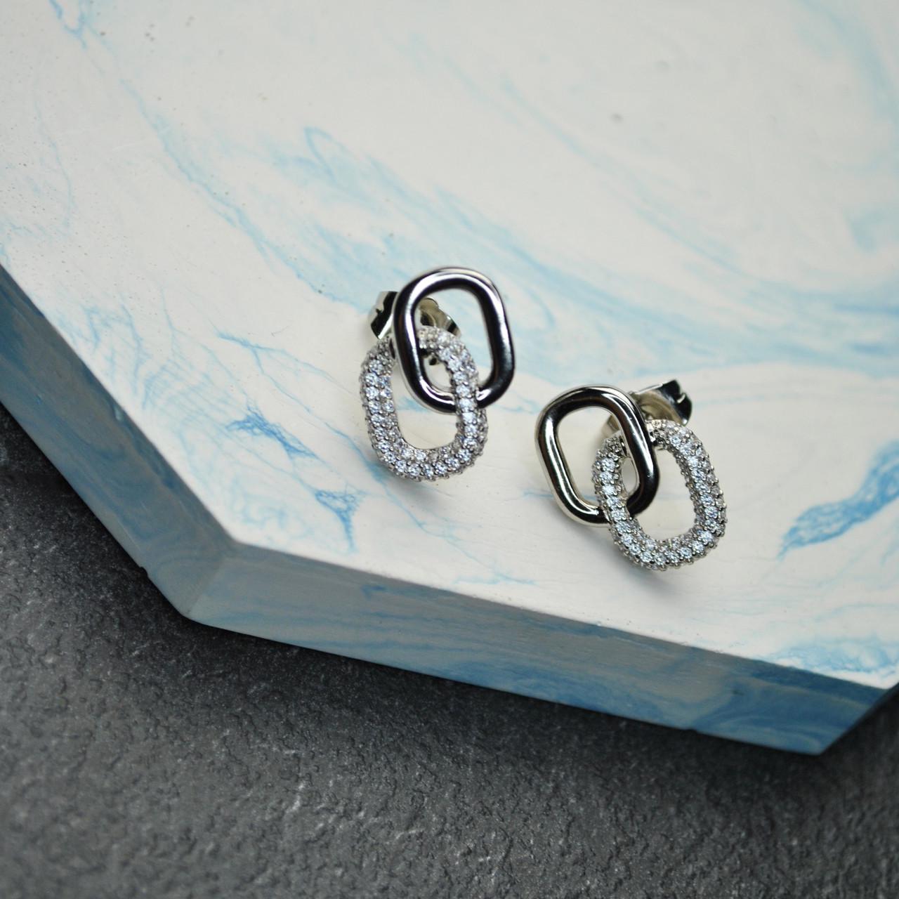 Сережки-гвоздики овалы с фианитами медицинская сталь родий (x095-1)