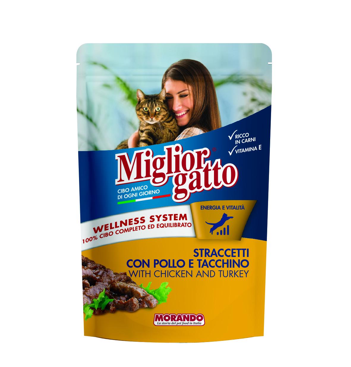 Корм влажный Migliorgatto Pouch для взрослых кошек в виде полосок с курицей и индейкой 100 г