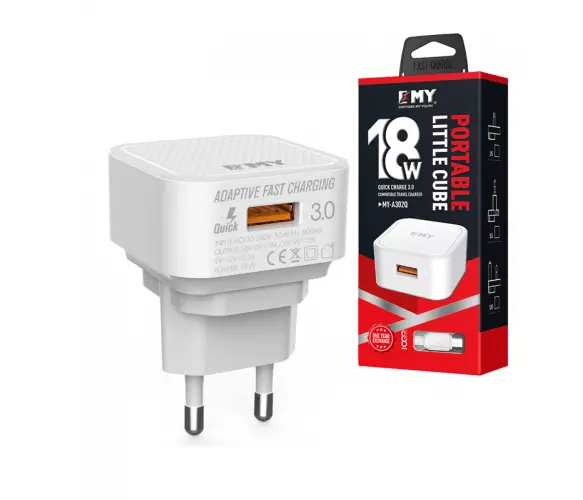 Зарядное устройство универсальное с кабелем для Iphone Emy MY-A302Q 110-240V MY-A302Q 1xUSB 18W White (DR012394)