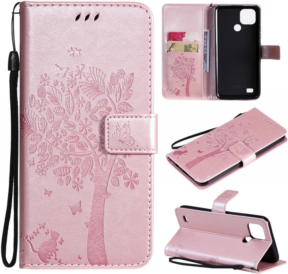 Чехол книжка Realme C21 (чехол кот и дерево) Rose Gold (30371-27)