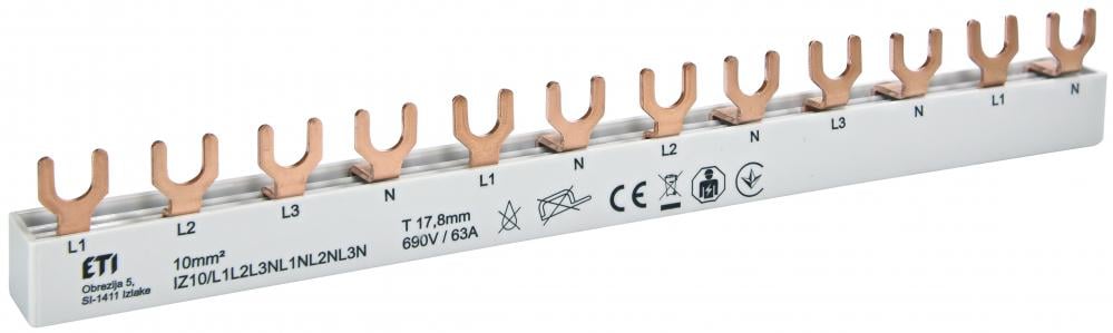 Шина соединительная ETI IZ 10/L1L2L3N-L1NL2NL3N 3P+N 63А типа FORK 12 модулей 10 мм2 21 см (2921275)