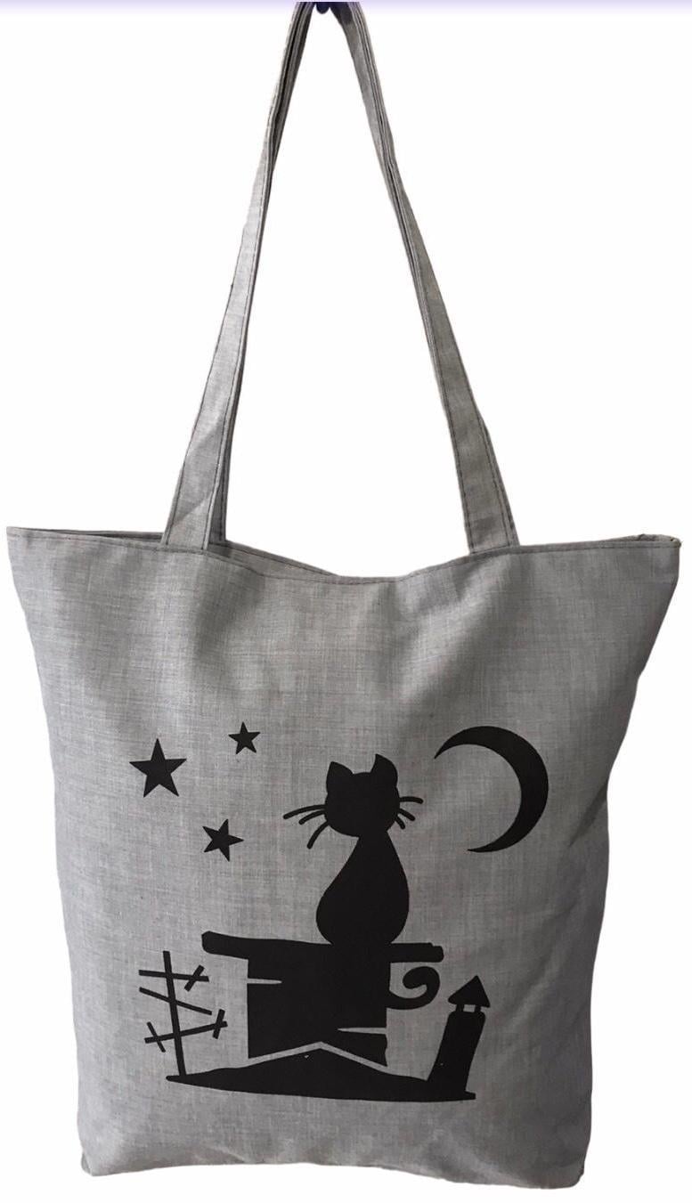 Шопер женский тканевый повседневный с молнией кот на крыше Серый (026H)