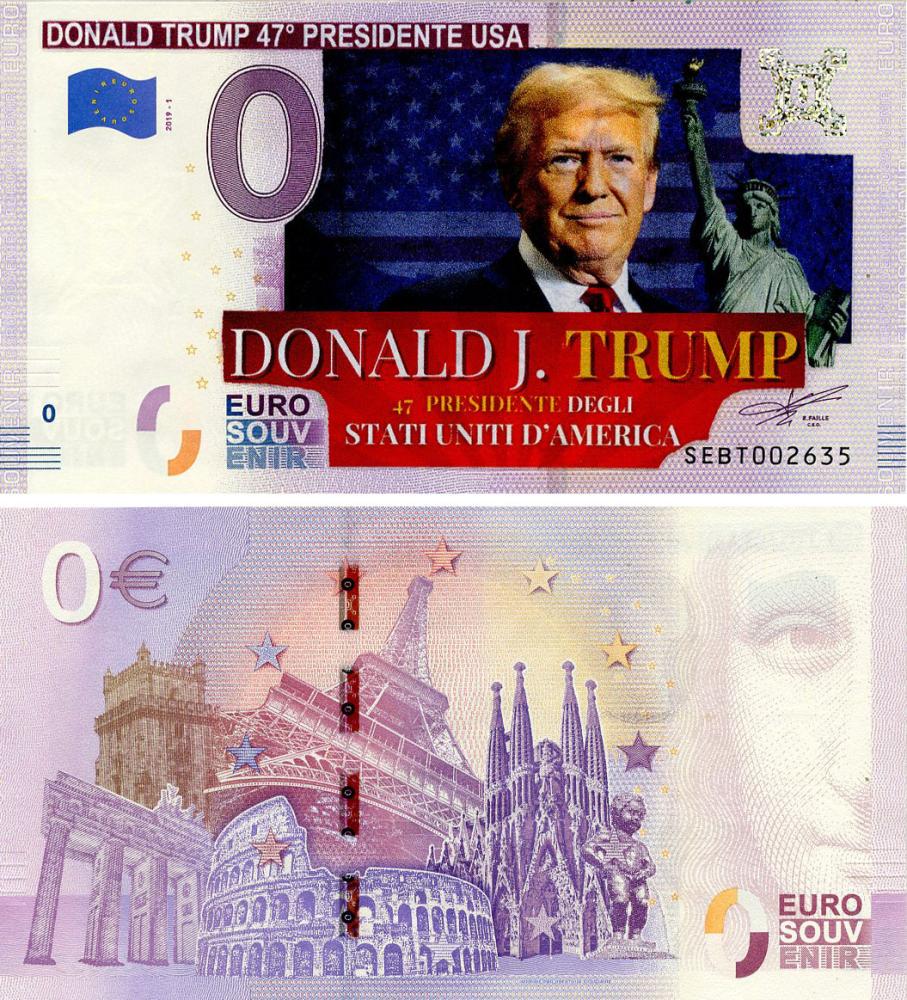 Коллекционная банкнота Италия 0 ЕВРО 2019 UNC Дональд Трамп-47-й президент США