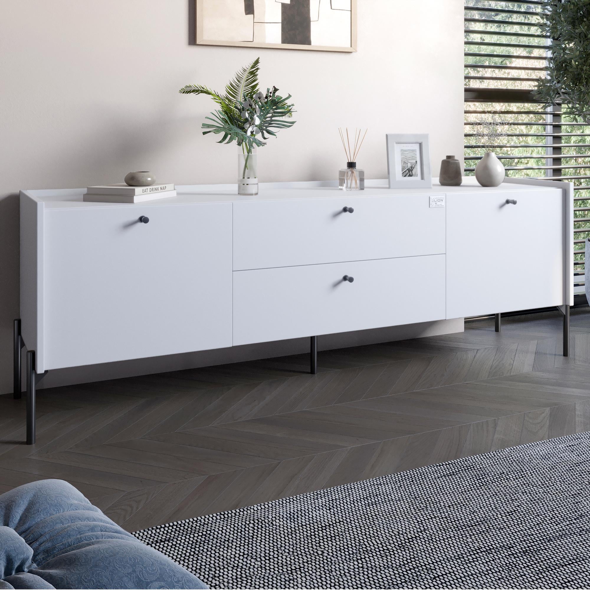 Тумба под телевизор с ящиками Lion Wood с черными ножками 180х50х40 см Нимфея Альба (000-000-2429)