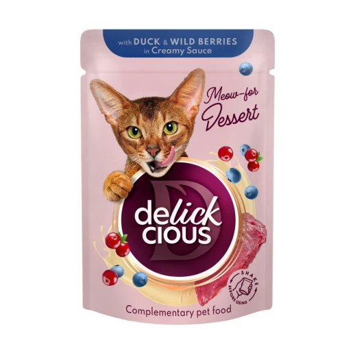 Корм для котів вологий DELICKCIOUS пластівці з качкою та лісовими ягодами у вершковому соусі 0,08 кг (2441175271)
