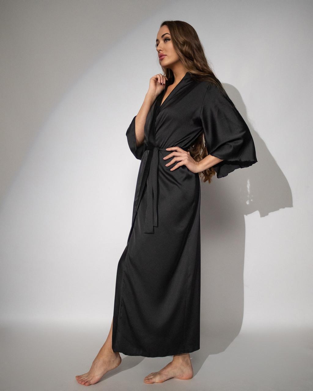 Халат жіночий довгий шовковий 2XL Чорний - фото 3 Халат жіночий довгий шовковий 2XL Чорний - фото 3