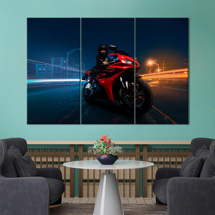 Картина Автомобиль Красный мотоцикл на ночной дороге 128x81 см (A1209-3)