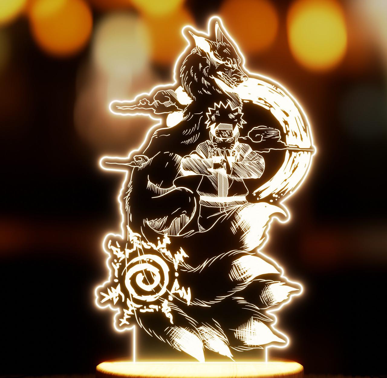 Ночник-светильник Lampic Наруто Четырехвостый Лис USB дерево/акрил 14х24 см Желтый (32377381)