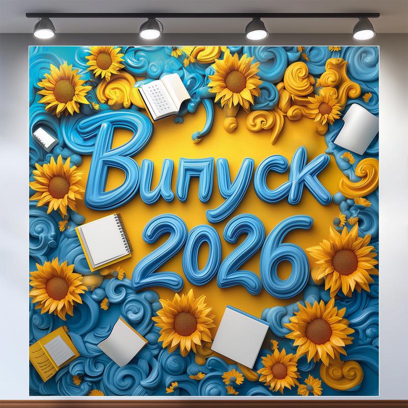 Баннер для фотозоны "Випуск 2026" подсолнечника на желто-голубом фоне с белыми листами бумаги 200x200 см №41009 Баннер для фотозоны "Випуск 2026" подсолнечника на желто-голубом фоне с белыми листами бумаги 200x200 см №41009