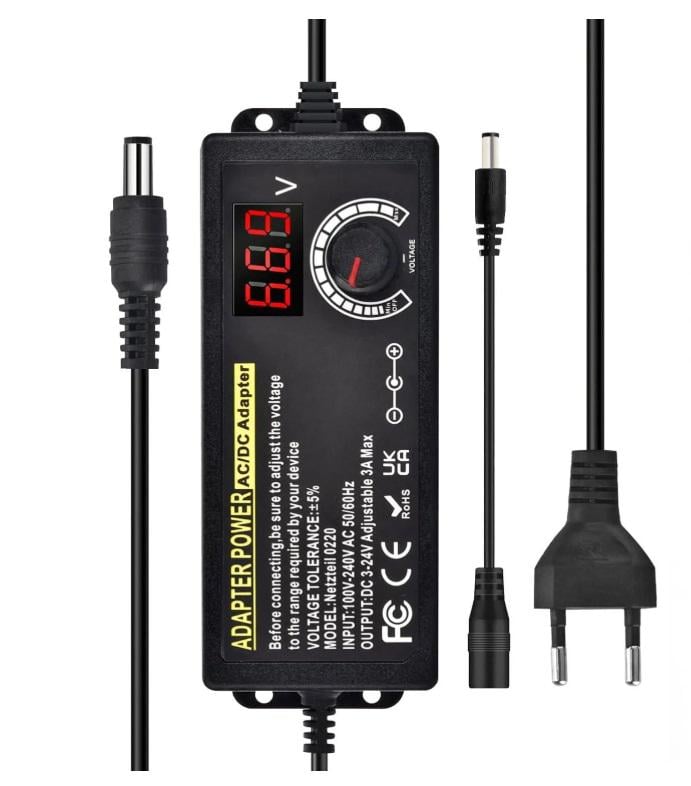 Блок питания универсальный регулируемый 3~24V для питания устройств 14 сменных наконечников micro USB Type-C 5,5x2,5 мм Черный (9/806)