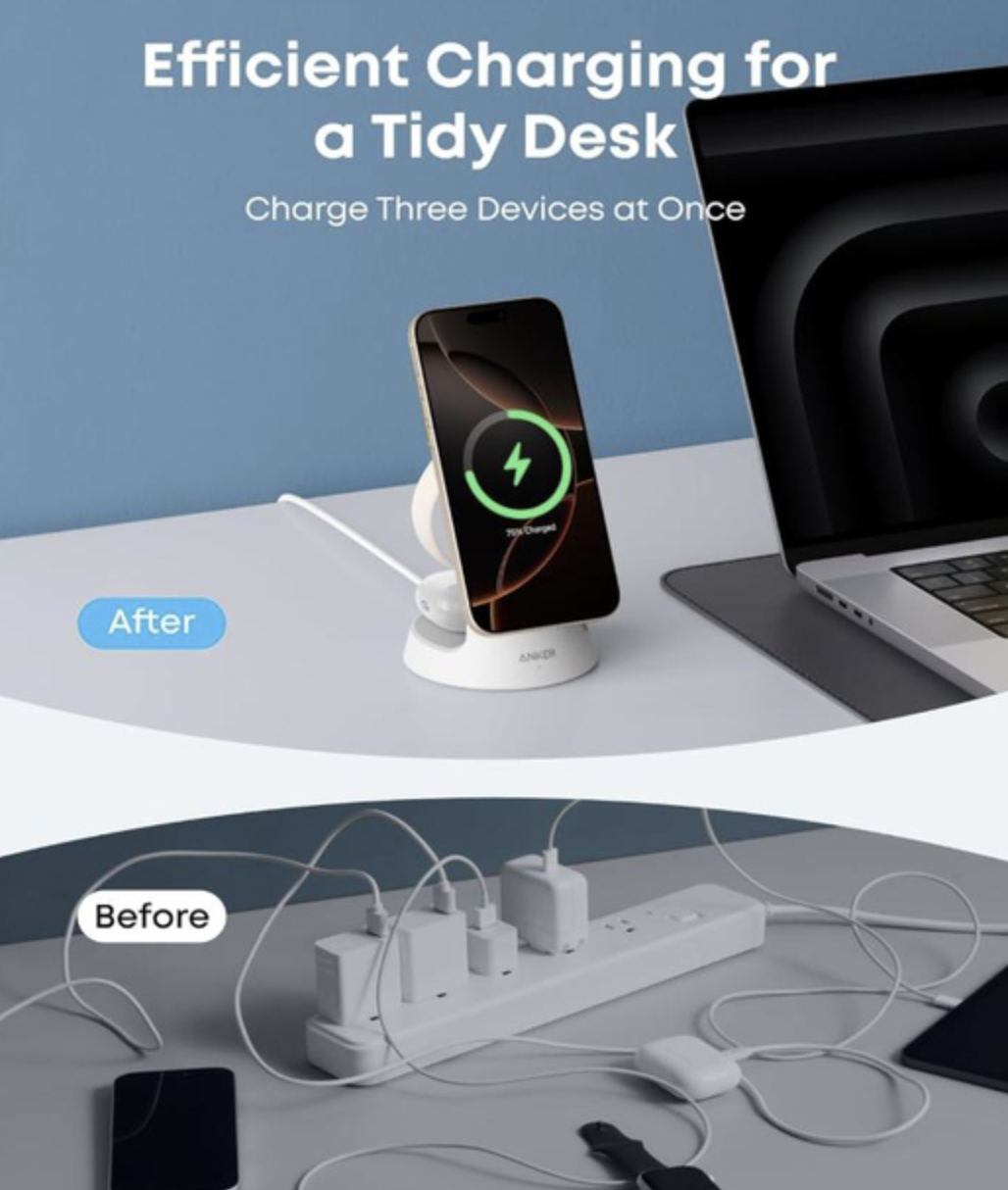 Зарядний пристрій Anker MagGo 3in1 Magsafe Charging Station Qi2 15W White - фото 6 Зарядний пристрій Anker MagGo 3in1 Magsafe Charging Station Qi2 15W White - фото 6