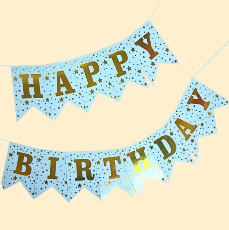 Гирлянда праздничная флажки буквы Happy Birthday звезды 16,2х11,5 см Голубой (25-7424)