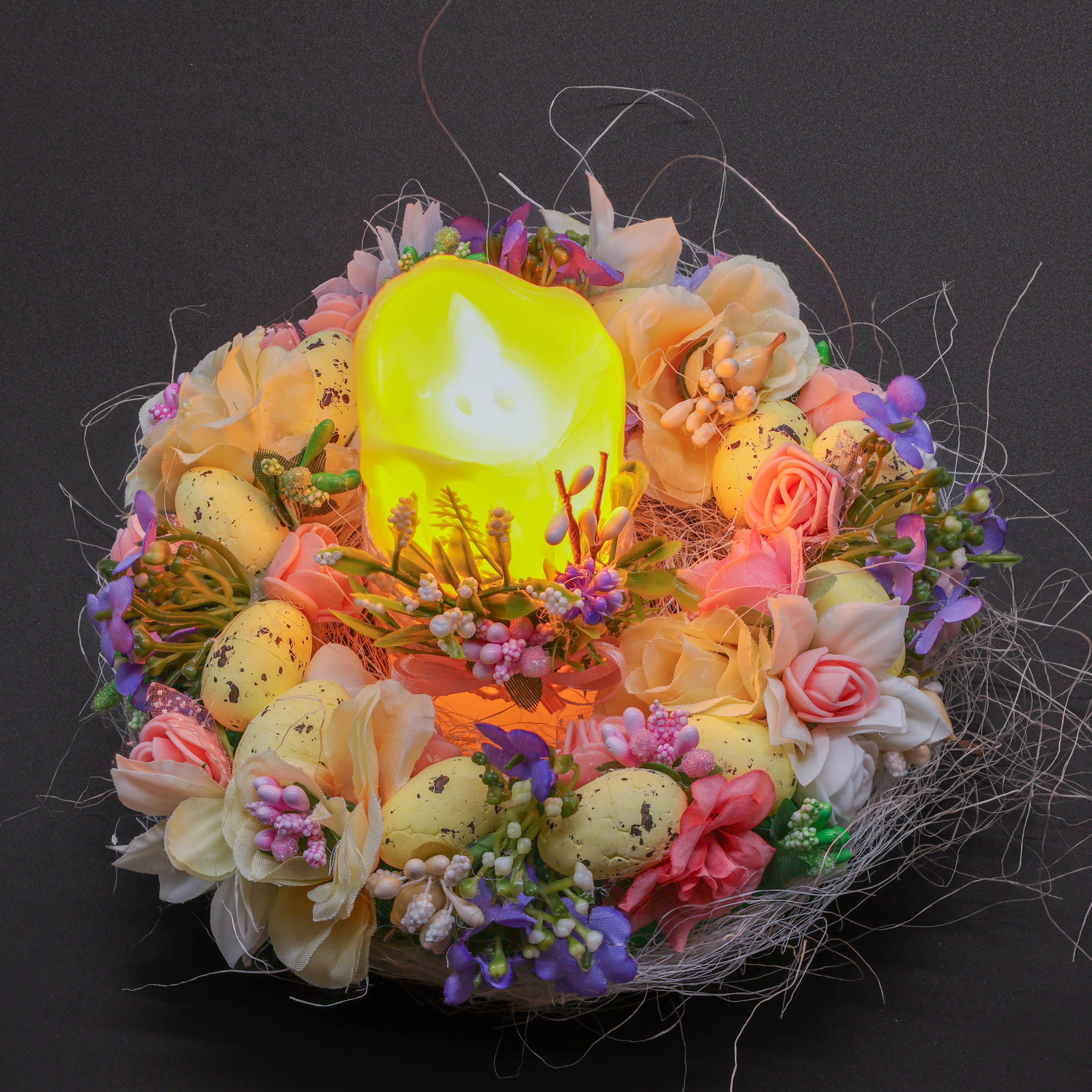 Пасхальный венок-подсвечник ДАЙС с декоративными яйцами и цветами с лед свечой 18 см (ВВ1801Л) - фото 2