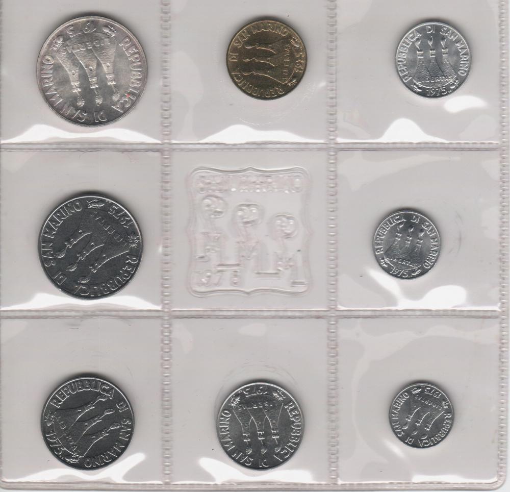 Коллекционные монеты Сан-Марино 8 шт. 1975 UNC 1/2/5/10/20/50/100/500 лир серебро (М04374)