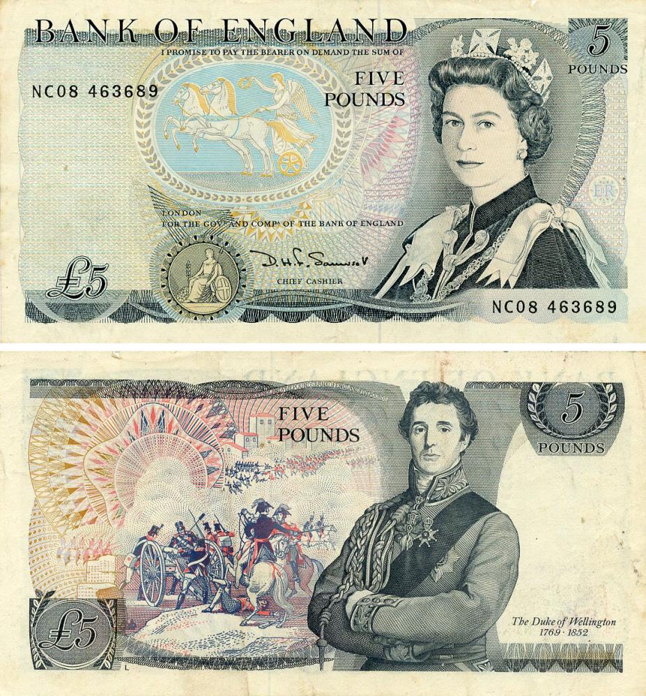 Коллекционная банкнота Великобритания Англия 5 фунтов 1971-1991 F-VF P378c (Б23107)
