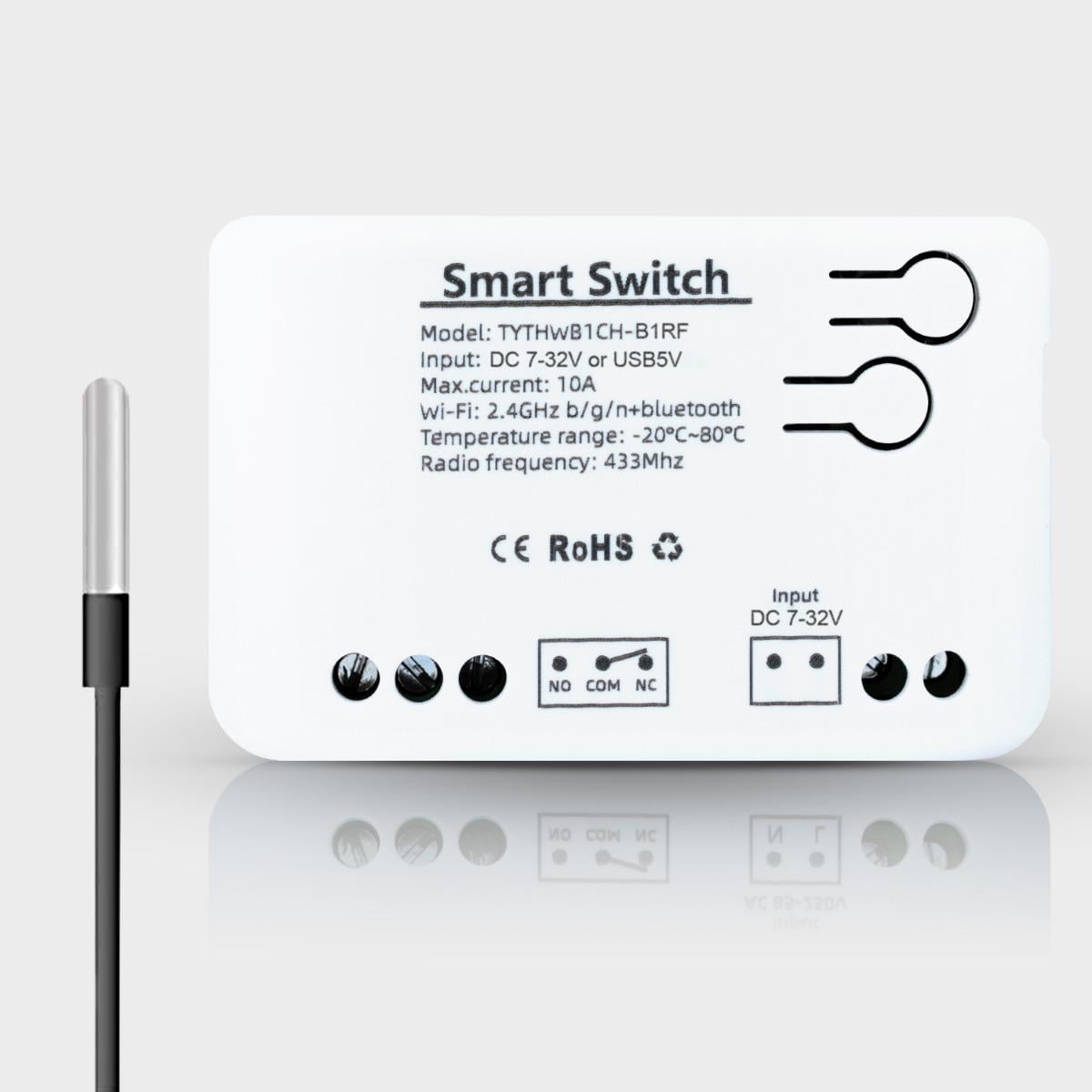 Реле одноканальное Wi-Fi с сухим контактом и влагозащищенным датчиком температуры Tuya (DC 7-32V)