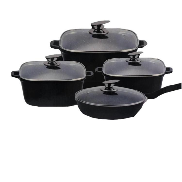 Набор квадратных кастрюль со сковородой Benson BN-389 из литого алюминия и гранитным антипригарным покрытием 8 пр. 2,1/3/5,1 л Черный (BN-389)