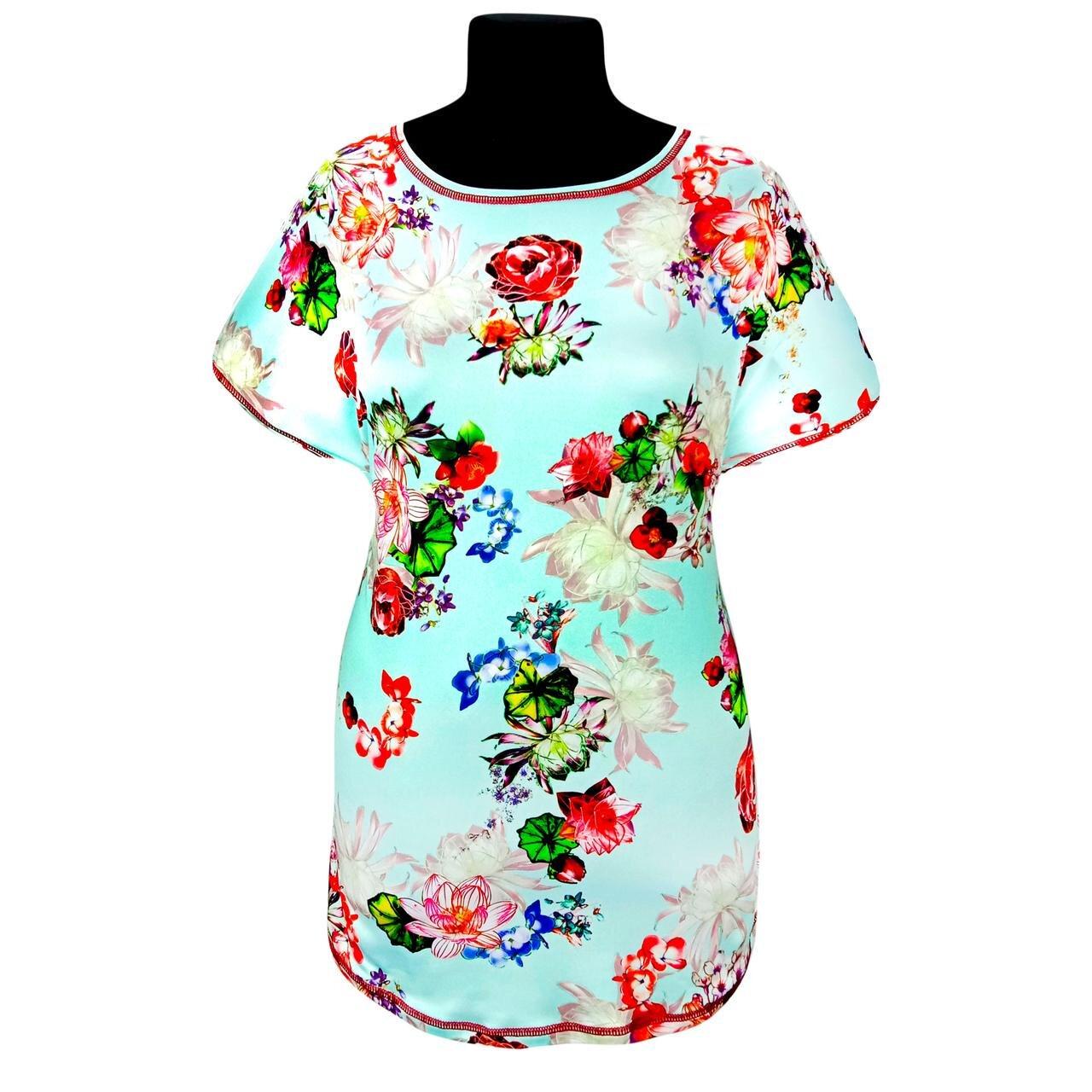 Блузка вискоза цветы р.56-58 Бирюзовый (689)